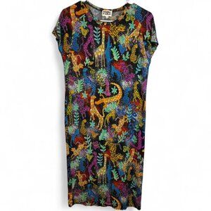 Bimba Y Lola Black Colorful Animal Print Colorful Shift Dress, Size Small